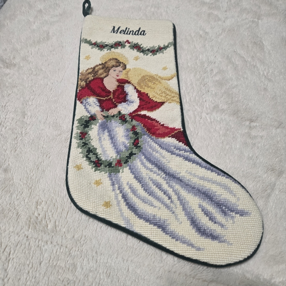 Lands' End Needlepoint Wool Christmas Stocking Angel Monogram "Melinda"